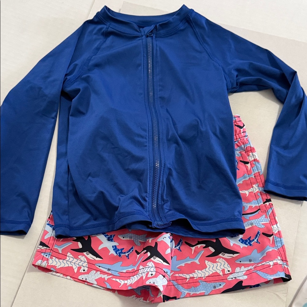 Kids Blue Swim Shirt and Pink Shark Swim Trunks